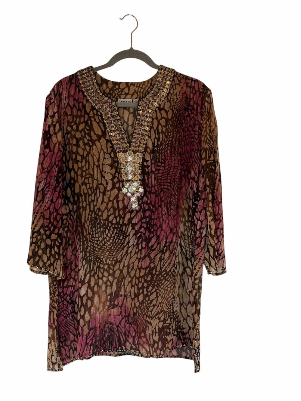 Chico's Crinkle 100% Silk Chiffon Embellished Animal Print Tunic Boho Size XL